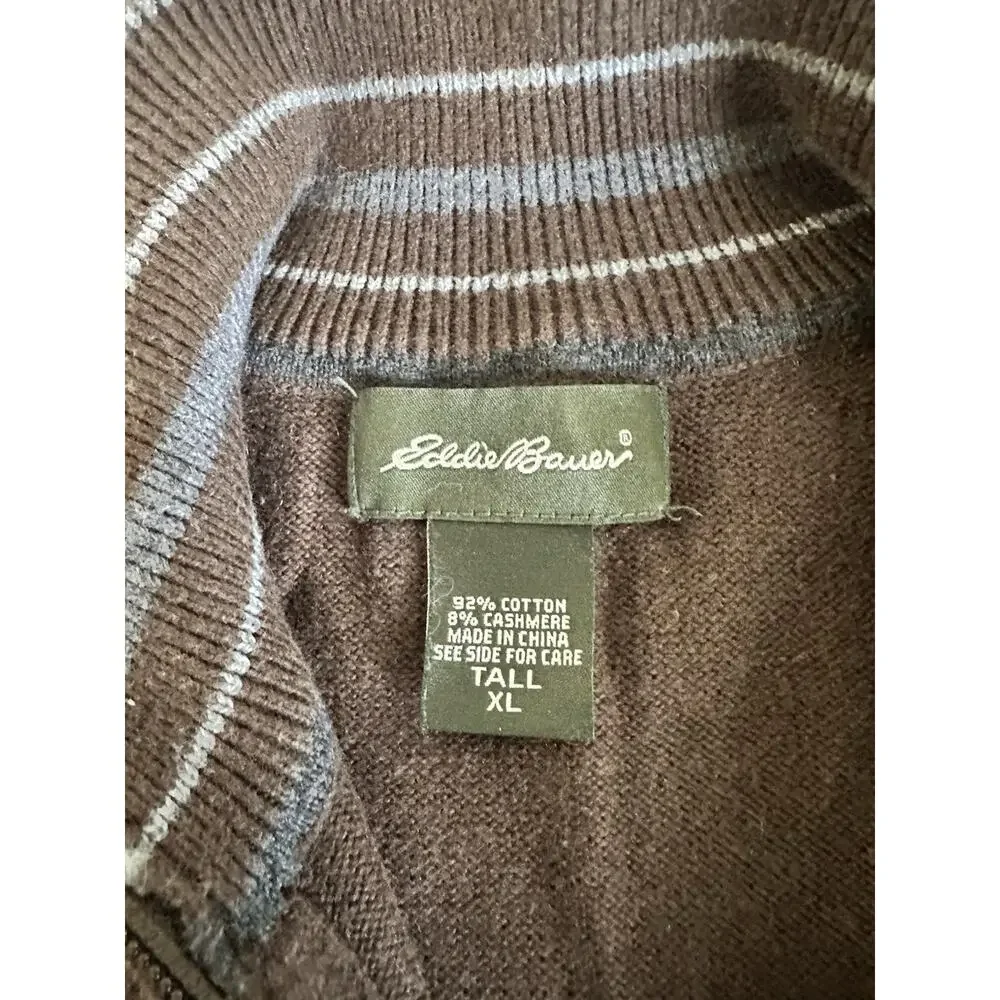 Mens Eddie Bauer Quarter Zip Cotton & Cashmere Sweater Brown Pullover XL TALL - Picture 10 of 11